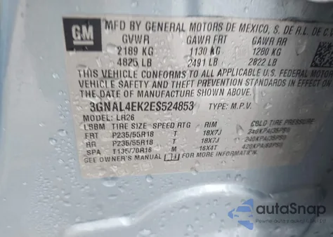 2014 Chevrolet Captiva Sport Ltz z USA, uszkodzony, nr VIN 3GNAL4EK2ES524853